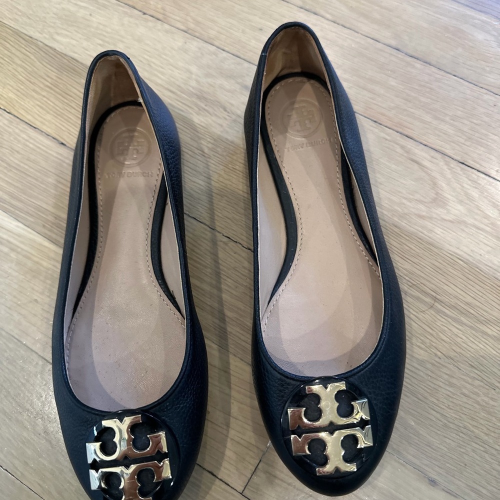 Tory Burch Black Leather Ballet Flats with Gold Logo